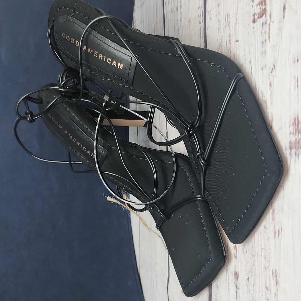 NWT Good American‎ Cage Slanted Sandals Neoprene Black Lace Up Heel Size 5 - Picture 10 of 15